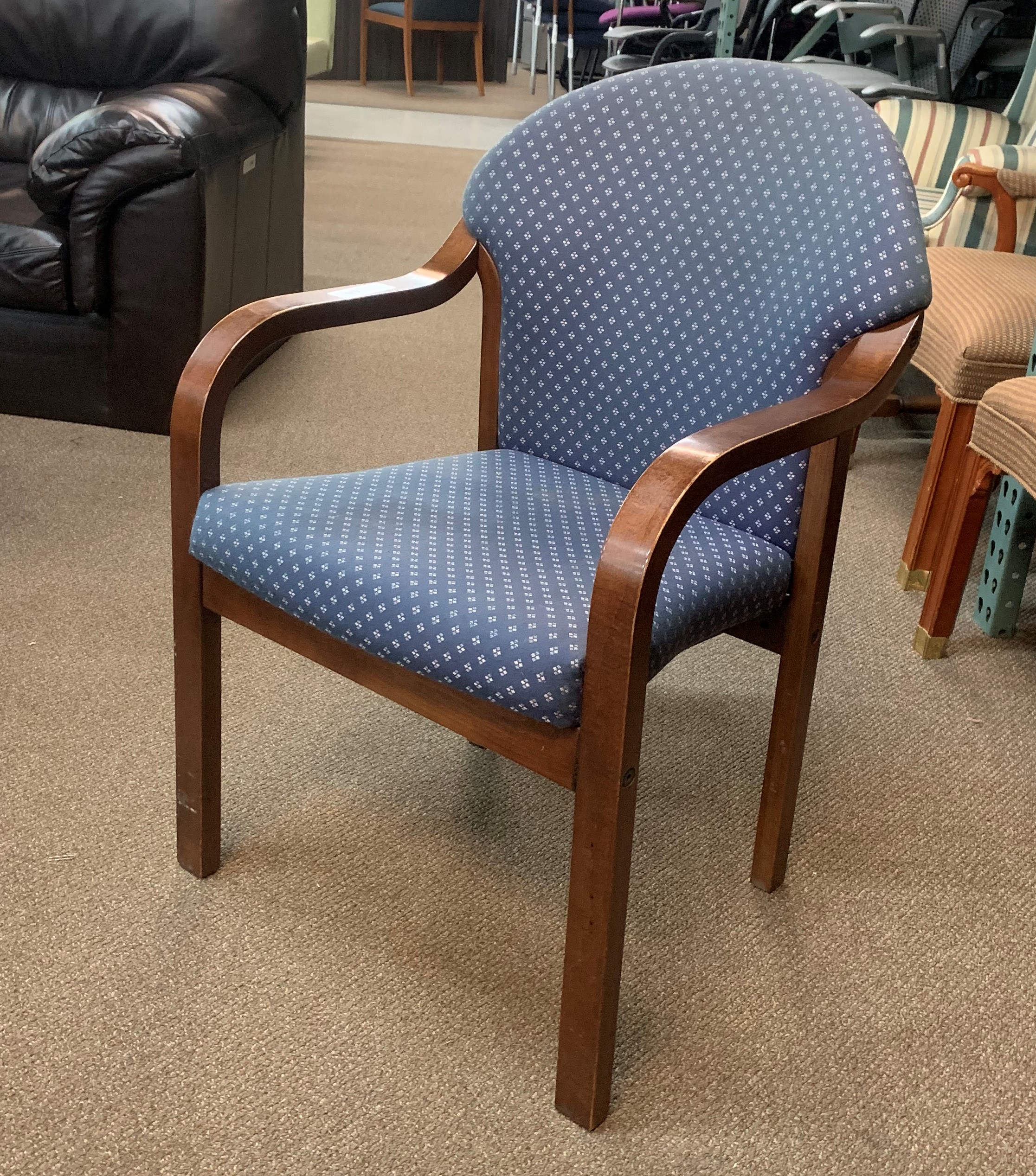 Kimball Wood Frame Guest Chair - Blue Fabric & Cherry Wood - Surplus Office  Equipment